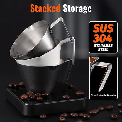 YARRAMATE 4 Pcs Stainless Steel Espresso Cups with Handle, Double Spout Metal Measuring Cup with Dual Scale, Espresso Shot cup with V-Shaped Mouth, 3.4OZ/100ML(Sliver)