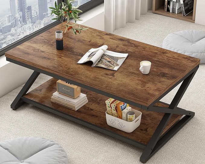 HSH Rustic Coffee Table with Storage Shelf, Industrial Metal Wood Living Room Table, Farmhouse Minimalist Rectangle Center Table, Vintage Simple 2 Tier Cocktail Tea Table, Rustic Brown, 47 Inch