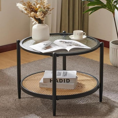 VINGLI 25.6" Black Rattan Coffee Table, Round Water-Wave Glass Metal Center Table, Modern Coffee Table with 2-Tier Storage, Farmhouse Circular Coffee Table for Living Room and Small Space