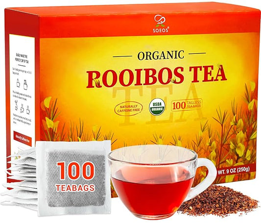 Soeos Organic Rooibos Tea, 100 Teabags, Naturally Caffeine Free, USDA and Non GMO Certify, Smooth and Robust Flavor, Excellent for Hot or Iced Brew, 9oz (250g)