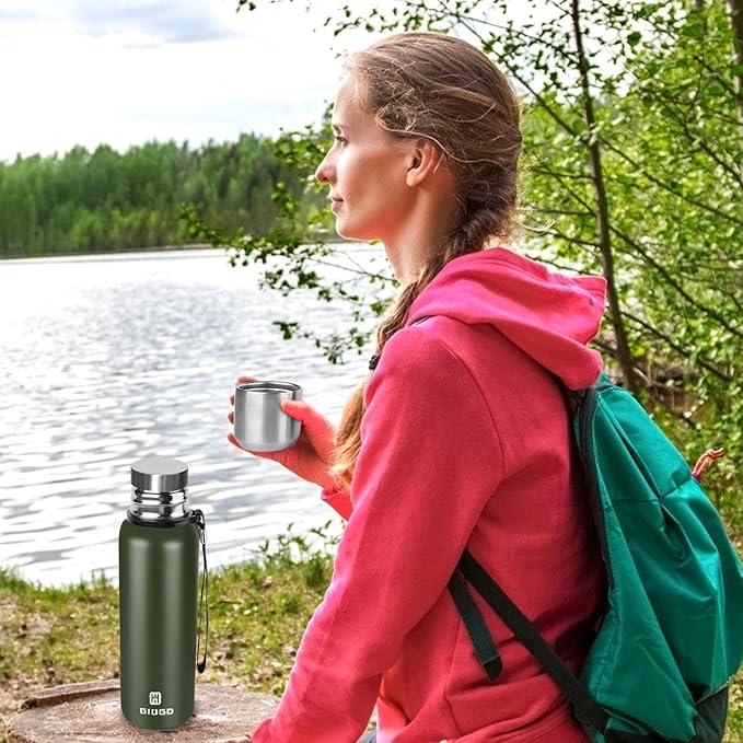 Insulated vacuum Thermo Bottle 1000ml/33.8oz with cup Stainless steel coffee bottles for hot and cold drink water flask.(Green,1000ml)