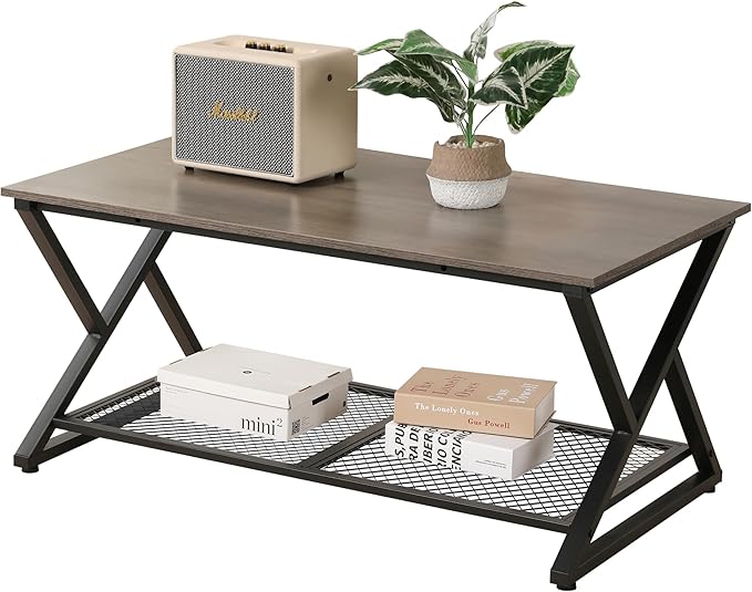 SENIG Coffee Table with Storage Shelf, Industrial Metal Wood Living Room Tables, Rectangle Center Table 39 Inch, Vintage Simple 2 Tier Cocktail Table, Grey