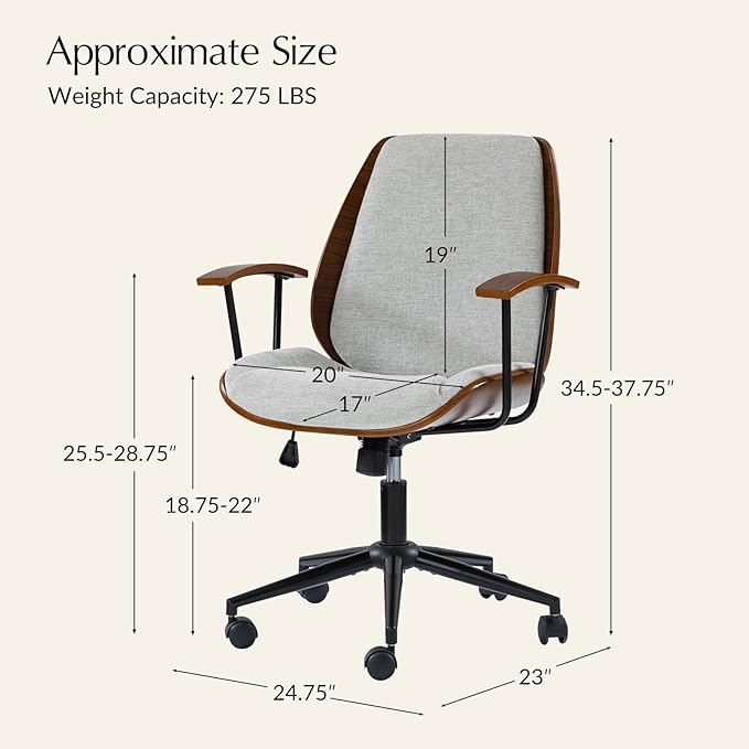 HULALA HOME Solid Wood Office Chair with Rocking Function, Comfy Fabric Desk Chair with Bent Wood and Metal Base, Height Adjustable Swivel Computer Task Chair, Grey