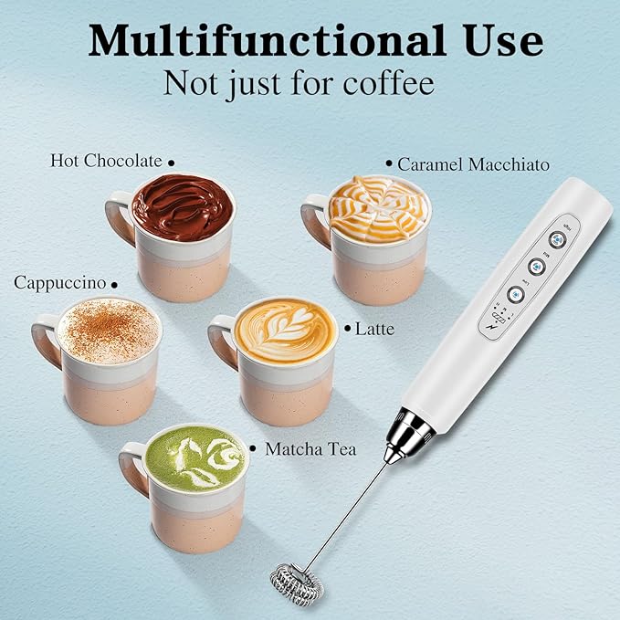Milk Frother Handheld for Coffee, Electric Whisk 3 Speed Adjustable, Drink Mixer with Stainless 3 Whisks, Rechargeable Hand Frother Wand, Foam Maker for Latte Cappuccino Hot Chocolate Egg White