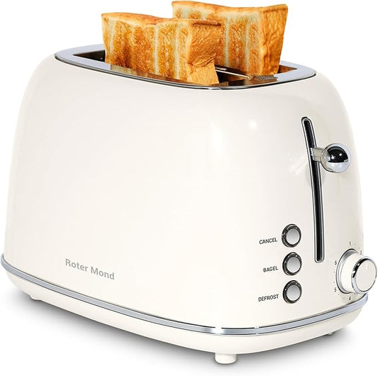 Roter Mond 2 Slice Toaster Retro Stainless Steel with Bagel, Cancel, and Defrost Functions, 6 Bread Shade Settings, Extra Wide Slots and Removable Crumb Tray, Cream