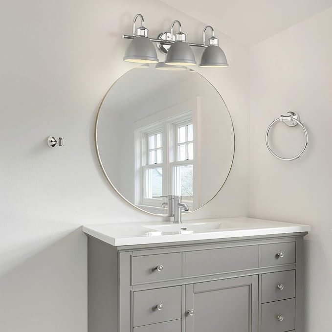 GLOBE Electric Sydney 5-Piece Bathroom Set, Matte Gray and Chrome, 3-Light Vanity Light, Towel Bar, Towel Ring, Robe Hook, Toilet Paper Holder