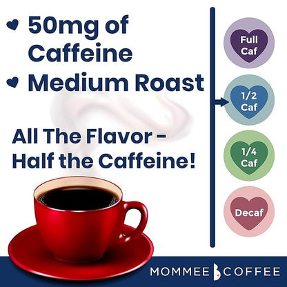 Mommee Coffee Half Caf Ground Low Acid Coffee - 100% Arabica Organic Coffee Beans with Smooth Caramel Flavor - Medium Grind for Drip, Reusable One Cup Filters - 11 oz