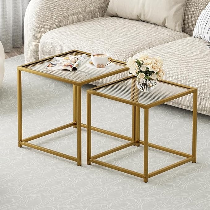 VILAWLENCE Coffee Table Set of 2, Modern Gold Patterned Glass Side Table, Metal Frame Square End Table, Center Tables Nesting Coffee Table for Living Room,Bedroom and Small Spaces