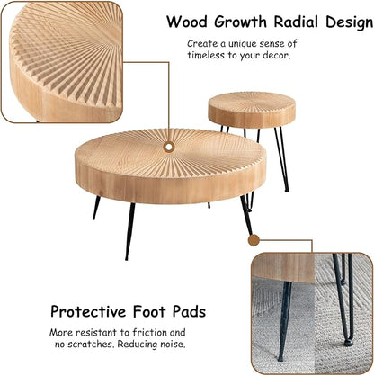 2-Piece Round Nesting Coffee Table Set, Natural Wood Top with Black Metal Legs, Radial Pattern – Rustic Farmhouse Accent for Living Room or Bedroom – Space-Saving Modern Furniture