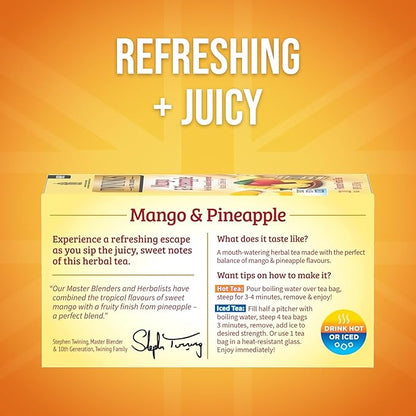 Twinings Mango & Pineapple Herbal Tea Individually Wrapped Bags, 20 Count (Pack of 1), Naturally Caffeine-Free, Enjoy Hot or Iced, 20 Teabags