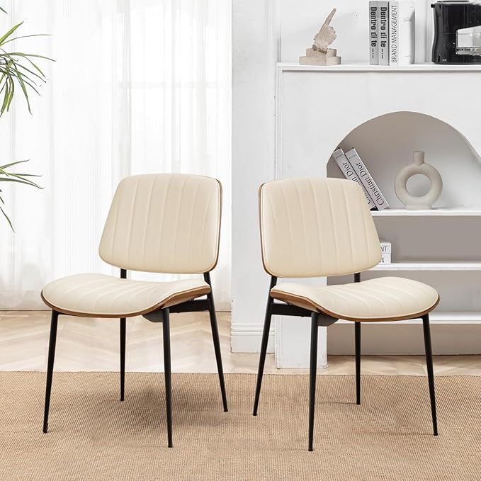 LUNLING Dining Room Chairs Set of 2 Mid Century Modern Retro Beige Faux Leather Chair with Walnut Bentwood Upholstered Seat Metal Legs Kitchen Chairs Adjustable Foot for Kitchen Dining Room