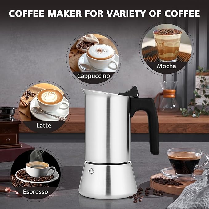Stovetop Espresso Maker Stainless Steel Moka Pot, 6 cup Espresso Coffee Pots 300ml/10oz(Espresso Cup=50ml/1.7oz), Italian Coffee Maker for Induction Cookers Hobs, Cafe Maker for Camping Home