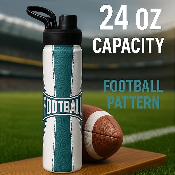 Football Water Bottle, 24 oz Insulated Stainless Steel Sports Bottle with Straw, Football Stuff Gifts for Boys