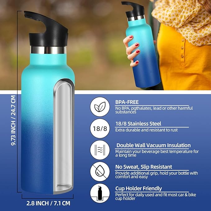 Volhoply 17oz Kids Insulated Water Bottle,Stainless Steel Water Bottles with Straw Lid,Reusable Metal Cups Water Bottle,Double Wall Vacuum Sports School Water Flask Keep Cold(Green Blue,1 Set)