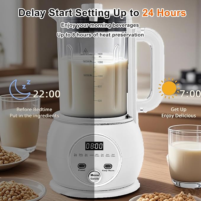 10 in 1 Nut Milk Maker Hot Blender,51oz Homemade Soy, Almond,Oat,Plant Based,Baby Food Maker 20 Blades,Automatic Soybean Machine with 24H Delay Start/Keep Warm8H/Boil Water&Auto Clean