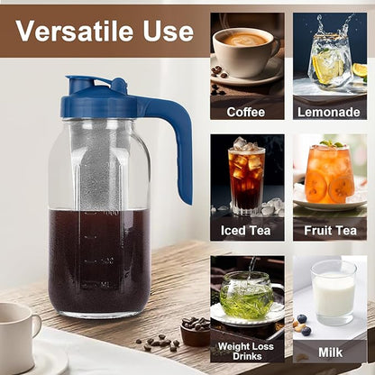 Cold Brew Coffee Maker Pitcher,32 Oz Glass Mason Jar Pitcher with V-shaped Pour Spout Handle Lid,Stainless Steel Filter for Iced Coffee,Iced tea,Breast Milk,Fruit Drinks,lemonade-Blue
