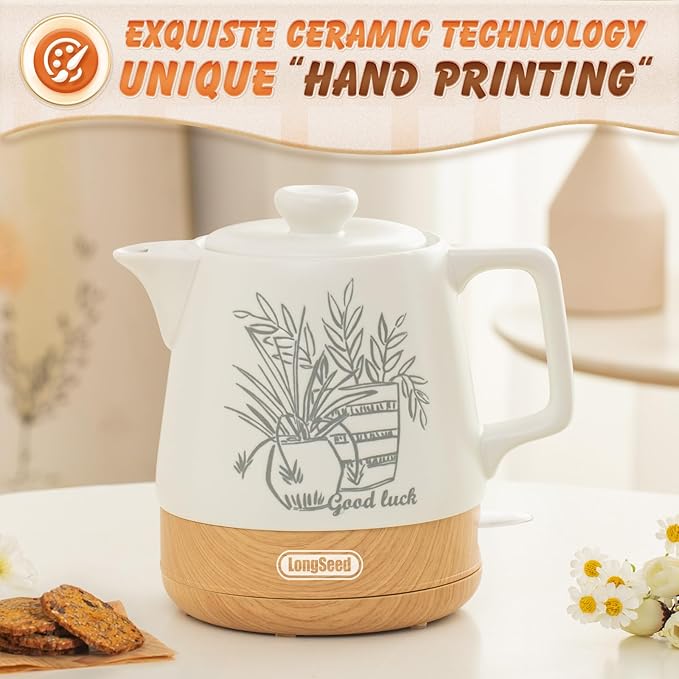 Ceramic Electric Kettle Pot 1 Liter, Teapot Rapid Boil For Coffee & Tea, Hot Water Boiler, Automatic Shut-Off, BPA-Free, Boil-Dry Protection, 1000W