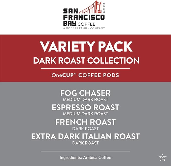 San Francisco Bay Coffee - Dark Roast Variety Pack (40 ct) - Fog Chaser, Espresso Roast, French Roast, & Extra Dark Italian - Single Serve Coffee Pods, Commercially Compostable, K Cup Compatible
