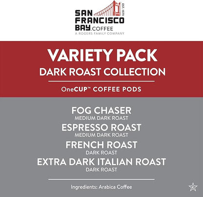 San Francisco Bay Coffee - Dark Roast Variety Pack (40 ct) - Fog Chaser, Espresso Roast, French Roast, & Extra Dark Italian - Single Serve Coffee Pods, Commercially Compostable, K Cup Compatible