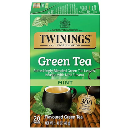 Twinings Green Tea with Mint Individually Wrapped Bags, 20 Count (Pack of 1), Invigorating Aroma, Caffeinated, Enjoy Hot or Iced, 20 Teabags