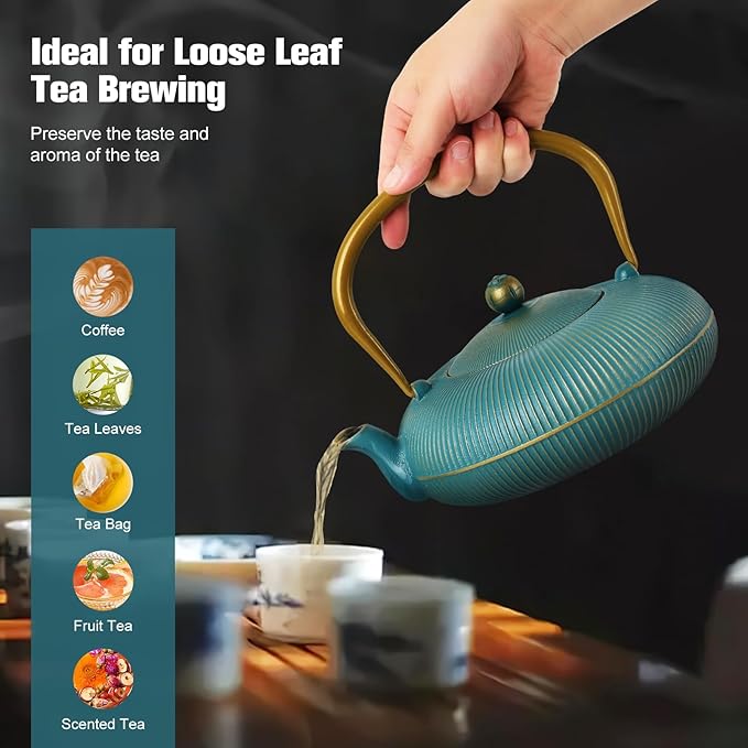 Green Cast Iron Teapot Large Capacity 40oz/1200ml with Infuser for Loose Leaf Stovetop Safe Vertical Stripe Flat Tea Kettle, Enameled Interior