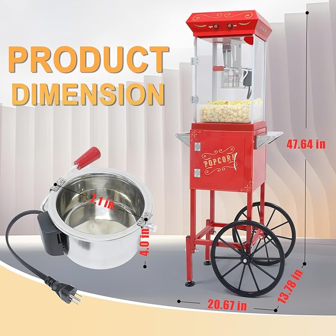 Popcorn Machine with Cart & Wheels - Stainless Steel 8OZ Kettle Pop corn Maker Machine for Home, Theater, Parties Grade Electric Popper, Red