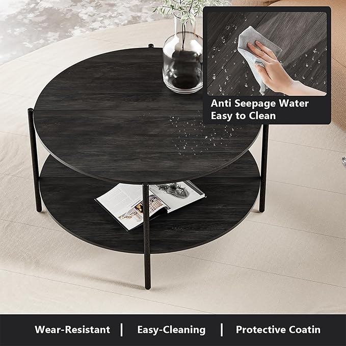 Round Coffee Table, 2-Tier 32.9" Circle Coffee Tables with Storage Wood Rustic Farmhouse Center Circular Coffee Table for Living Room Bedroom Balcony Office - Grey