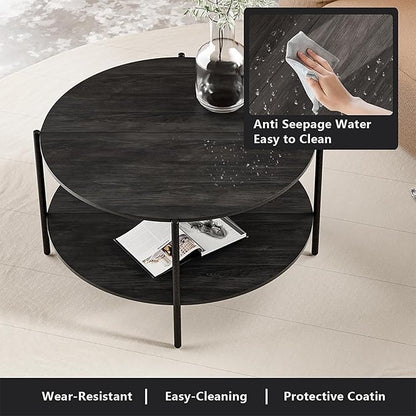 Round Coffee Table, 2-Tier 32.9" Circle Coffee Tables with Storage Wood Rustic Farmhouse Center Circular Coffee Table for Living Room Bedroom Balcony Office - Grey