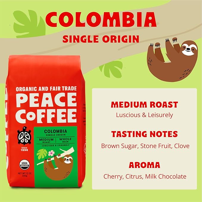 Peace Coffee Colombia Single Origin Coffee | 20 oz Whole Bean Medium Roast | Organic Fair Trade | Smooth, Crisp Flavor | Shade Grown, Fresh Roasted