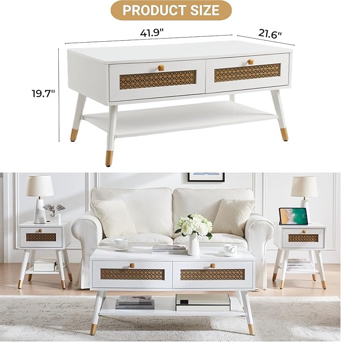 White Coffee Table with Storage Drawers & Open Shelf, Mid Century & Boho Living Room Table with Gold Metal Designed for Home