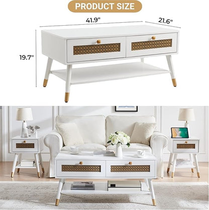 White Coffee Table with Storage Drawers & Open Shelf, Mid Century & Boho Living Room Table with Gold Metal Designed for Home