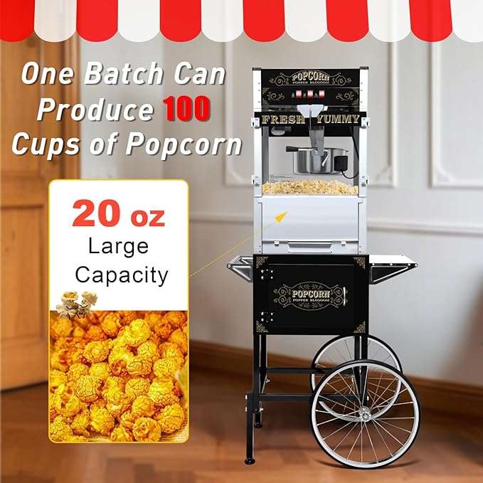 20oz Popcorn Machine with Cart, Wheels & Stainless Steel Kettle, Vintage Movie Theater Style, Popcorn Maker Machine for Parties, Events, Home & Commercial Use, Black
