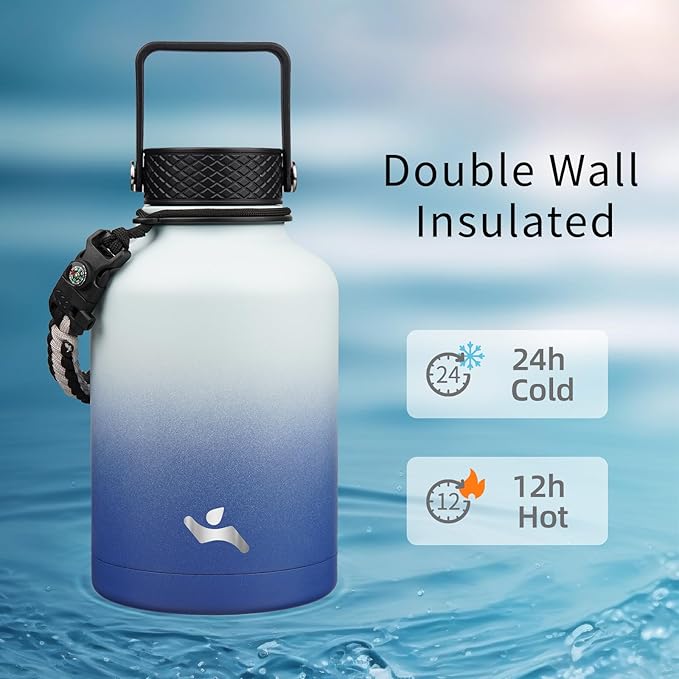 Insulated Water Bottle with Straw,50 oz 3 Lids Water Jug with Carrying Bag,Paracord Handle,Double Wall Vacuum Stainless Steel Metal Flask,Sky