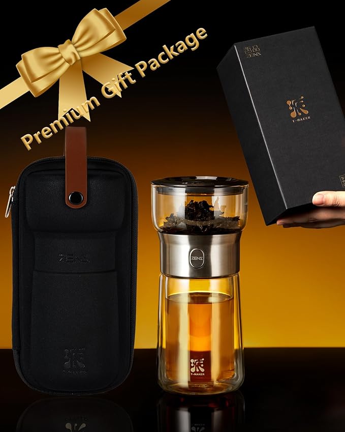 ZENS Modern Glass Tea Infuser Teapot, Smart One Touch Tea Maker for Loose Tea Diffusers with Insulated Mug and Portable Tea Kits, Cool Gongfu Tea Pot for Black Tea Lover Gifts