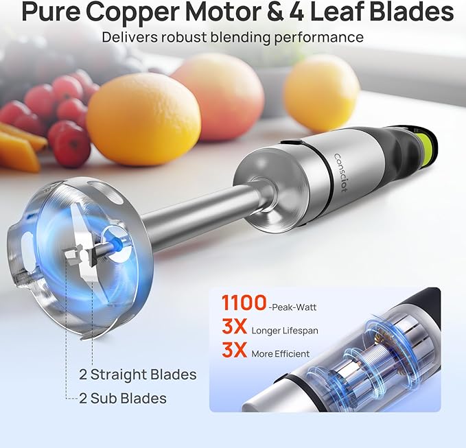 Consciot 4-in-1 Immersion Blender Handheld Max 1100W, Corded Stick Emulsifier with Entire Stainless Steel Blender Shaft, Trigger Speed Control, For Blending, Beating, Frothing, Mixing & More, Non-BPA