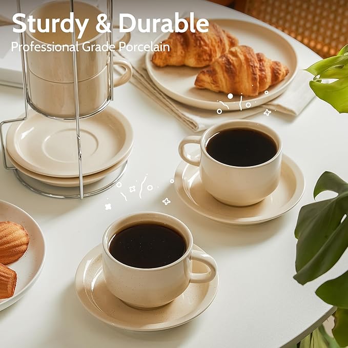 Sweese Porcelain Espresso Cups Set, 2.5 oz, Stackable with Saucers Metal Stand, Beige, 4 Pack