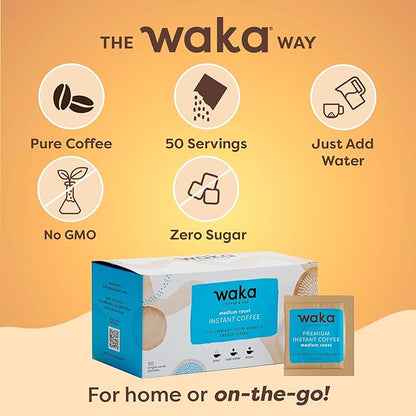 Waka Instant Coffee, Medium Roast - 100% Arabica Colombian Beans, Freeze Dried Granules, No Additives - Single Serve Packets for Quick Hot and Iced Coffees (50 Individual Coffee Packets)
