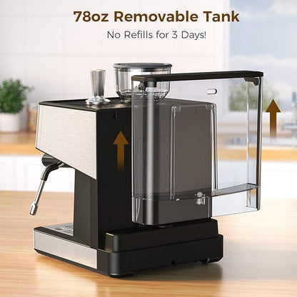 (2025 Upgrade)20 Bar Espresso Machine with Built-in Anti-Clog Coffee Grinder, Expresso Coffee Machines with Milk Steam Wand/Frother/Tamping Tools,Espresso Maker with Grinder for Lattes-Charcoal