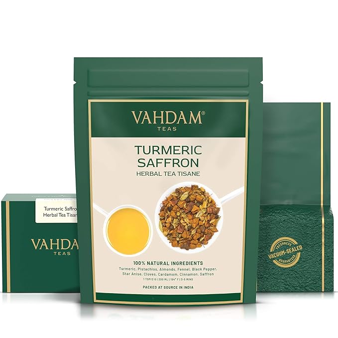 VAHDAM, Turmeric Saffron Herbal Tea Loose Leaf 100g (50 Cups, 3.5oz) Blend Of Turmeric Tea, Saffron Tea & Fresh Spices | Whole Loose-Leaf Tisane | Vacuum Sealed for Freshness