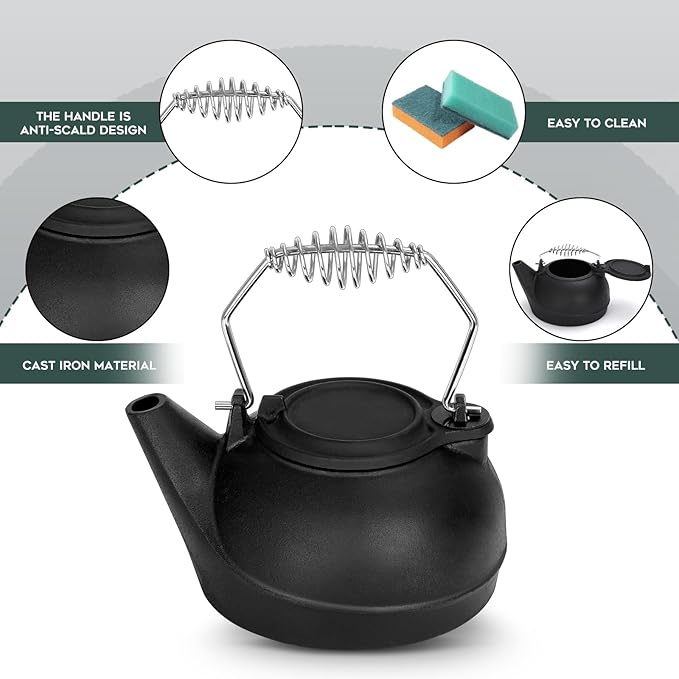 Gtongoko Wood Stove Steamer 3 Quart Cast Iron Humidifier Kettle for Wood Stove, Fireplace Steamer Humidifier with Wide Mouth, Cool-Touch Handle, Home Indoor Decorative Black