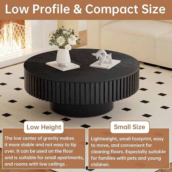 Round Coffee Table with Storage 31.4" Modern Black Fluted Coffee Table Low Round Storage Drum Pedestal Coffee Tables for Living Room Farmhouse (Black A 31.4in)