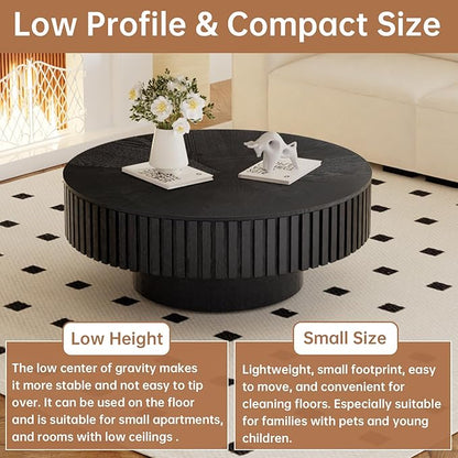 Round Coffee Table with Storage 31.4" Modern Black Fluted Coffee Table Low Round Storage Drum Pedestal Coffee Tables for Living Room Farmhouse (Black A 31.4in)