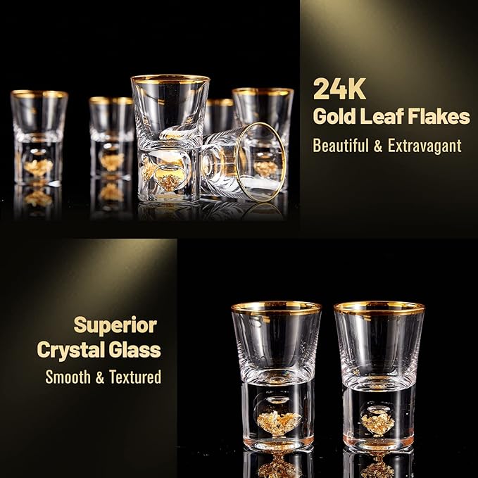 DUJUST Shot Glasses (1.5oz), Crystal Shot Glass Set Decorated with 24K Gold Leaf Flakes, Cool & Cute Shot Cups, BPA-Free & Lead-Free, Perfect for Décor & Collection, Gift Choices - 6 pcs