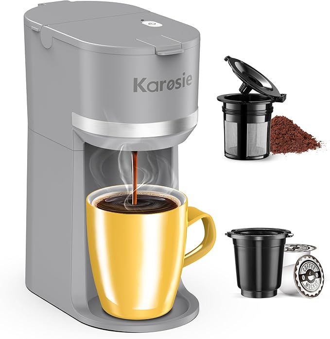 Single Serve Coffee Maker for K-Cup and Ground Coffee, Fast Brew, 6-12 oz Brew Sizes One Cup Coffee Machine Fits 5.5" Mugs, One-Button Small Coffee Maker with Descaling Reminder,Grey