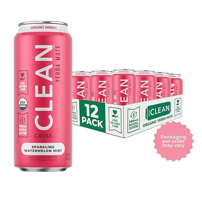 CLEAN Cause Low Calorie Watermelon Mint Sparkling Yerba Mate Tea, 160mg Caffeine, Organic, Low Sugar, Healthy Alternative to Energy Drinks (16oz cans, 12-Pack Case)
