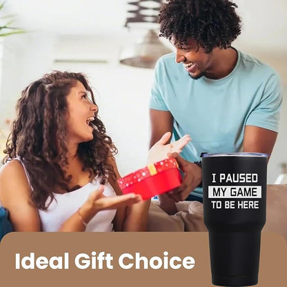 COMOOO I Paused My Game To Be Here Gifts for Teen Boys Girls Gamers, 30 oz Black Insulated Stainless Steel Tumbler with Lid, Funny PC Gamer Humor Joke for Husband Kids Teens Boyfriends Mug Cup