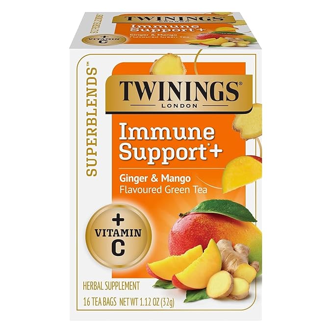 Twinings Superblends Immune Support+ Herbal Tea with Vitamin C, Ginger & Mango Flavoured Green Tea, 16 Tea Bags (Pack of 1), Enjoy Hot or Iced
