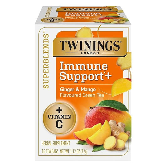 Twinings Superblends Immune Support+ Herbal Tea with Vitamin C, Ginger & Mango Flavoured Green Tea, 16 Tea Bags (Pack of 1), Enjoy Hot or Iced