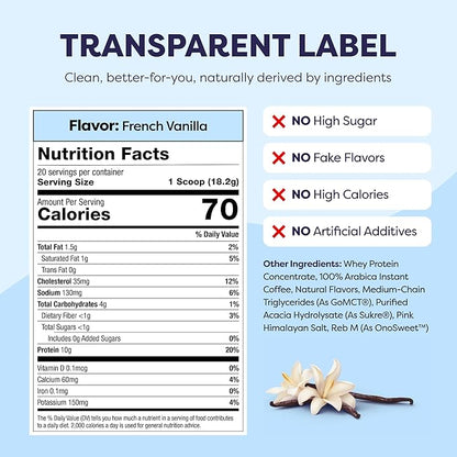 French Vanilla Protein Iced Coffee - Premium Whey Protein & Instant Iced Coffees - 100% Natural Cold Brew - Zero Artificial Flavors & Sweeteners, 80 mg Caffeine, No Added Sugar, 20 Servings