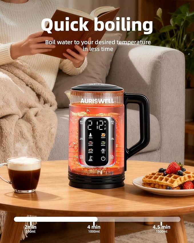 Electric Tea Kettle with Temperature Control, 1.5L Glass smart Water Boiler for Tea, Coffee & Boil, Automatic Shut Off, 12h Keep Warm & One-Touch 6 Presets